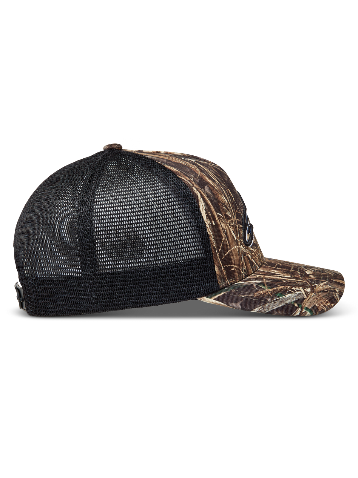 Alpinestars Thicket Realtree, gorra en camuflaje y negro con visera curva y malla trasera transpirable, vista lateral.