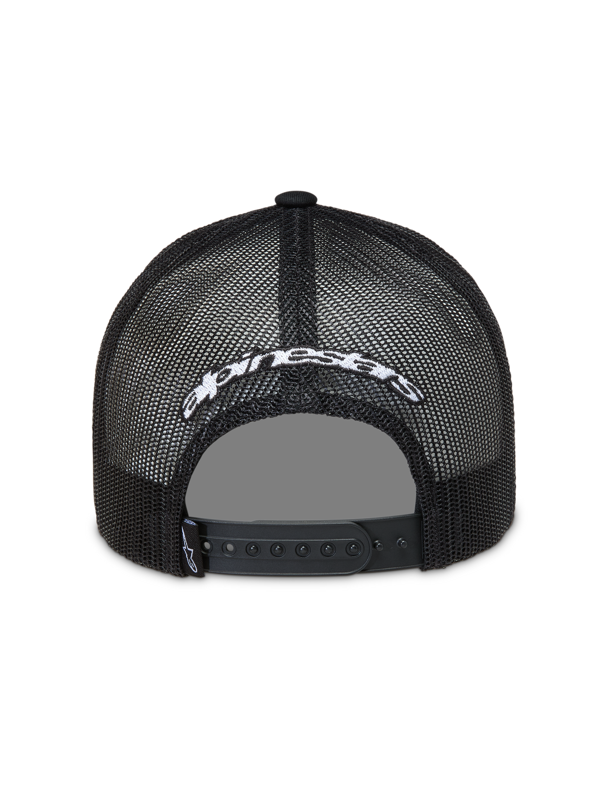 Alpinestars Meteorite, gorra negra de estilo trucker con malla, logotipo blanco bordado y cierre snapback ajustable