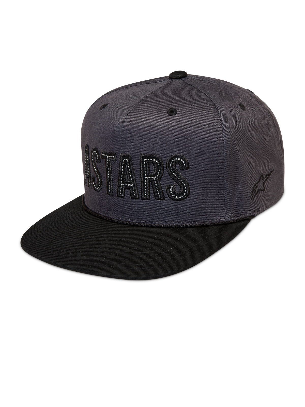 Alpinestars Stadium Snapback, gorra de visera plana gris oscuro y negra con logotipo Astars y corona estructurada.
