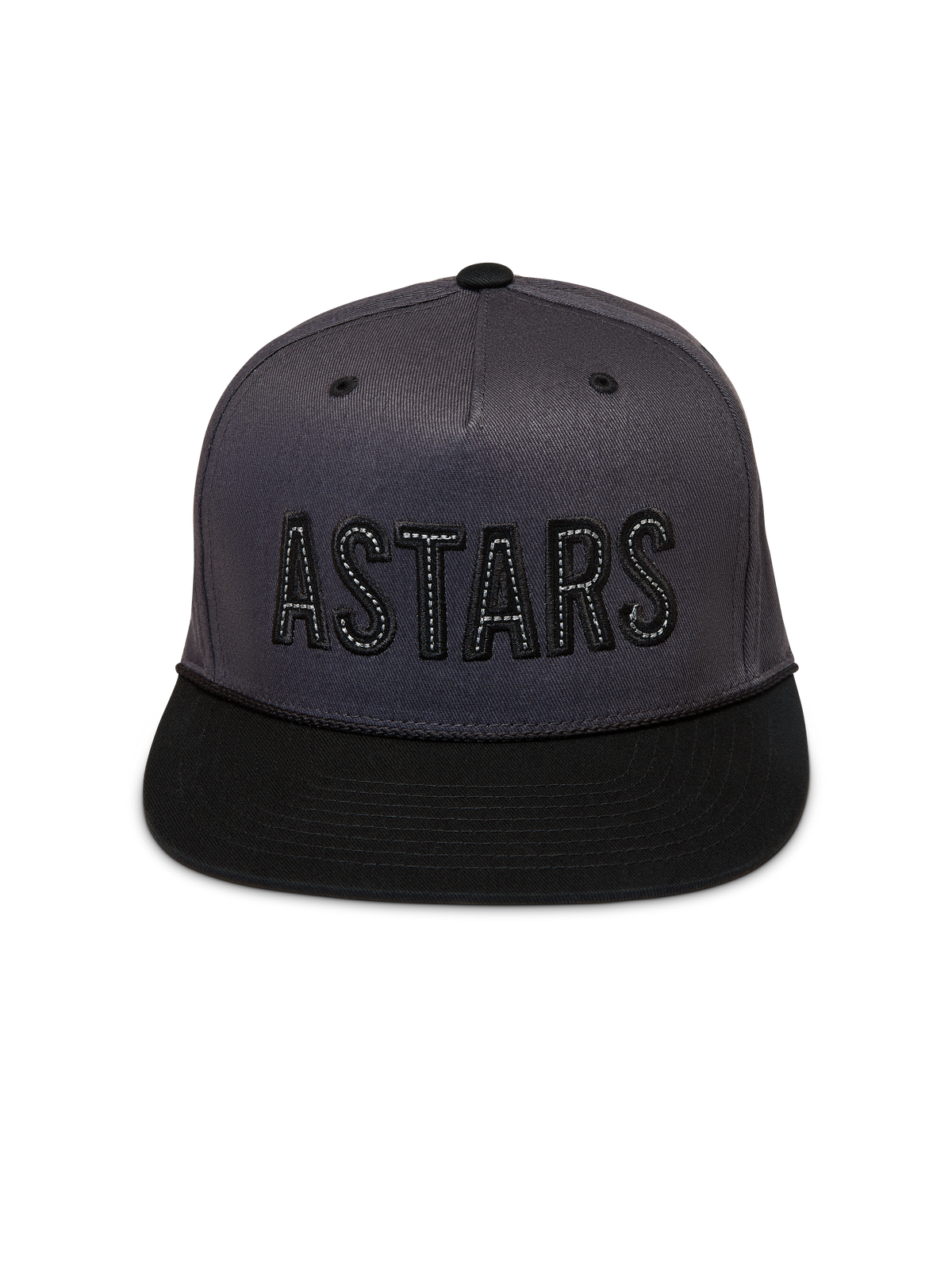 Alpinestars Stadium Snapback Gorro, gorra de visera plana negra y corona gris oscuro con logotipo ASTARS frontal