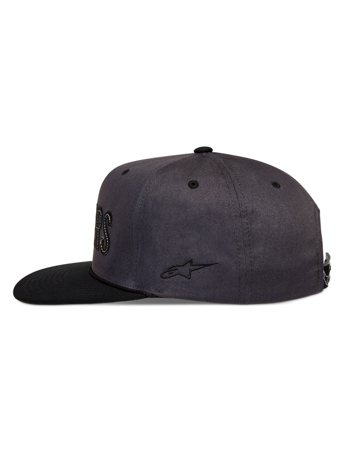Alpinestars Stadium Snapback Gorro, gorra deportiva gris oscuro y negra con visera plana, corona estructurada y bordado lateral