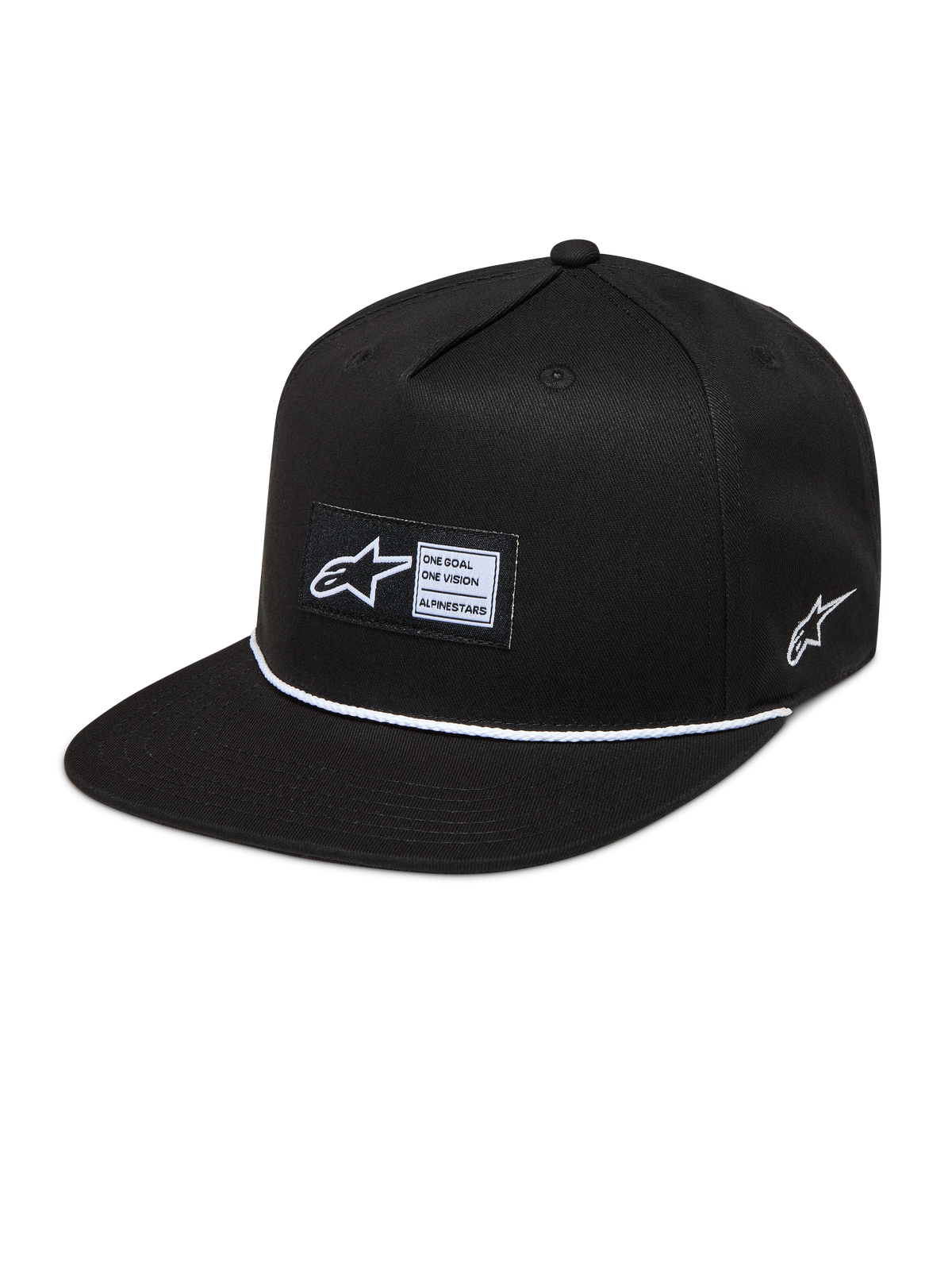 Alpinestars Label Snapback, gorra negra de visera plana con detalle de cordón blanco y parche frontal tejido.