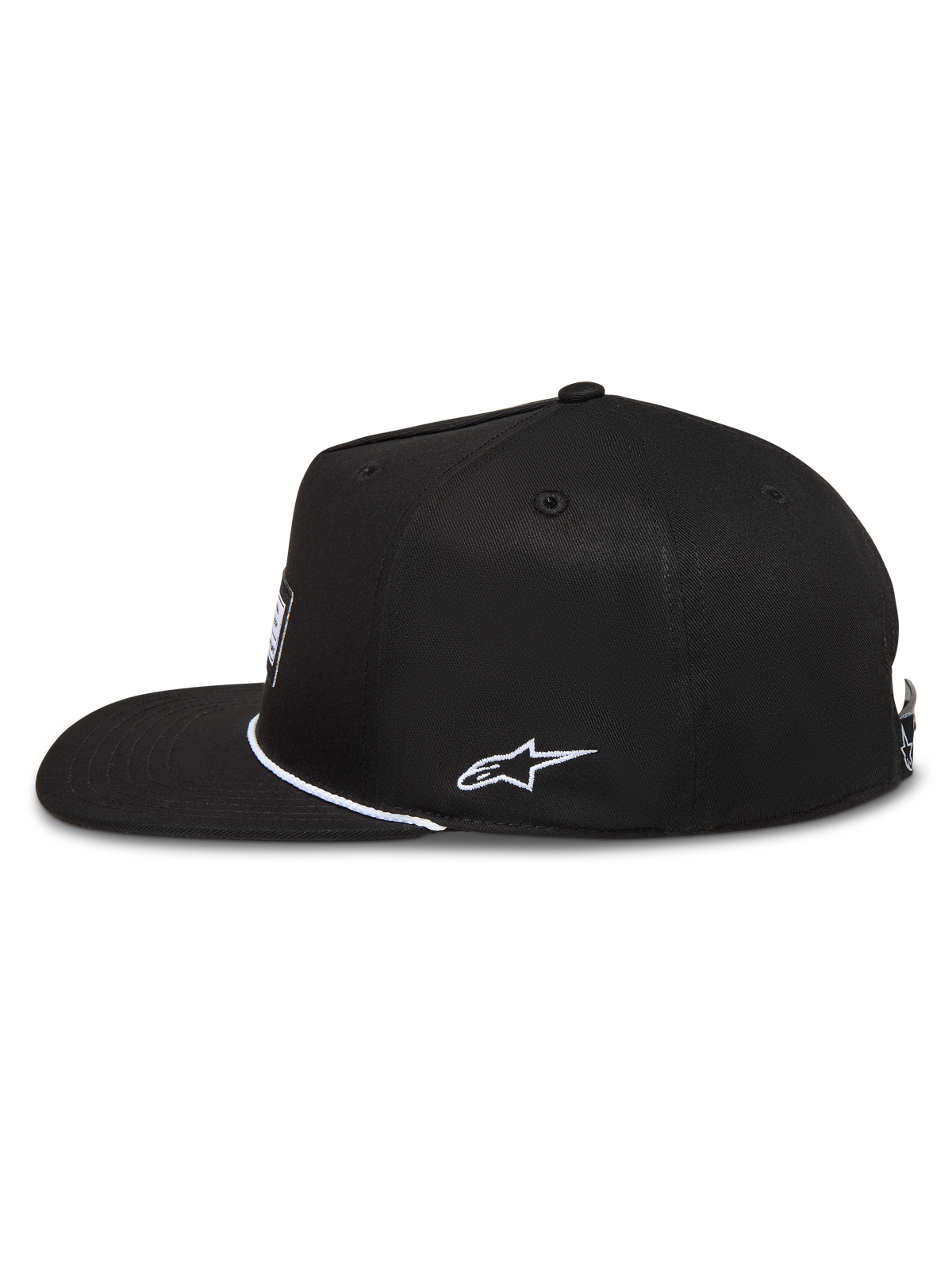Alpinestars Label Snapback, gorra de sarga negra con visera plana, bordado lateral blanco y etiqueta frontal, ropa deportiva