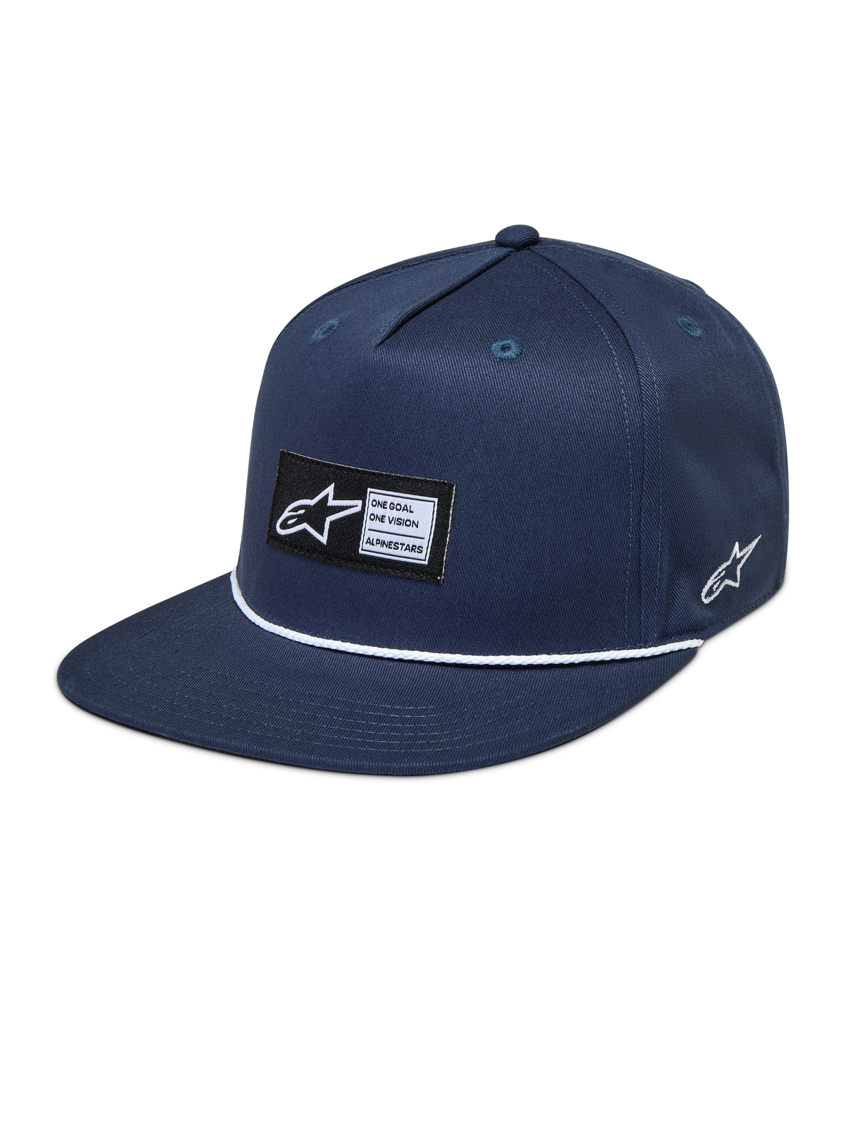 Alpinestars Label Snapback Gorro, gorra de visera plana azul marino, detalle de cuerda blanca y parche frontal tejido, corona estructurada, ropa deportiva