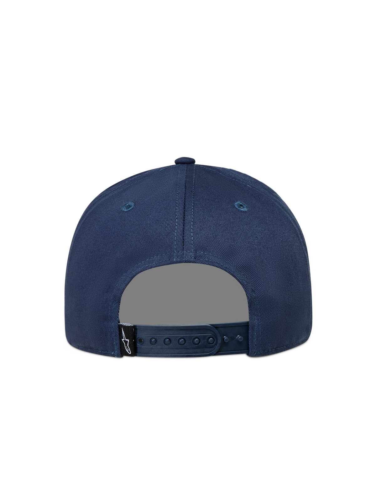 Alpinestars Label Snapback Gorro, gorra azul marino de sarga, vista trasera con cierre ajustable y logotipo Astars tejido.