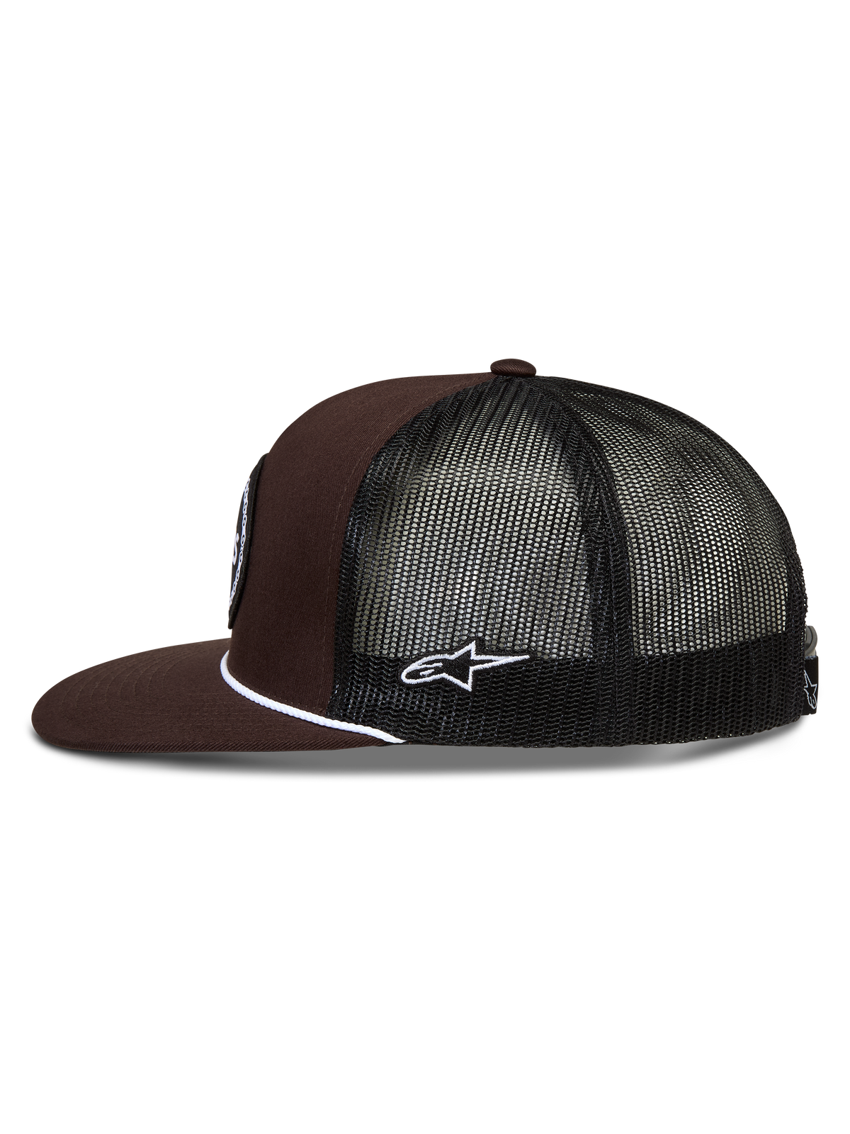 Alpinestars Hotlink gorra con visera, gorra marrón y negra con malla, visera plana y detalle de cordón blanco, ropa deportiva.