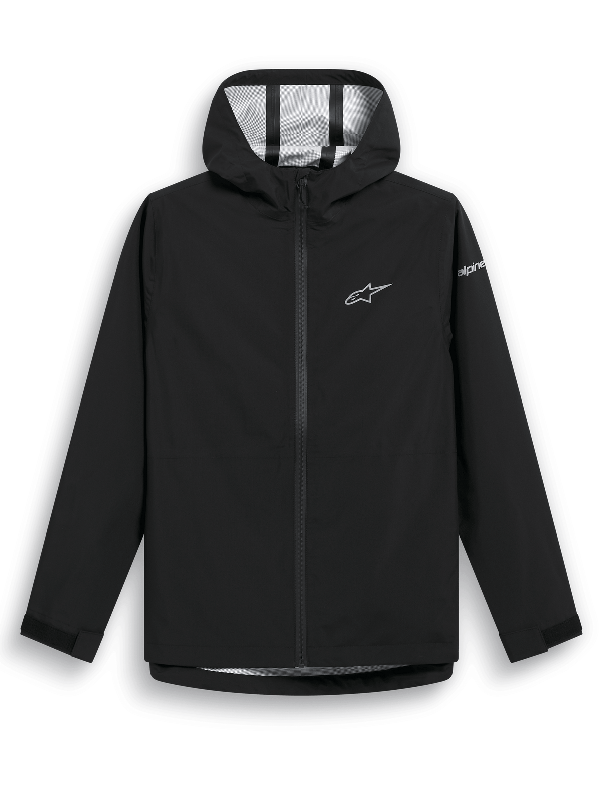 Chaqueta impermeable Alpinestars Kascade, chaqueta de lluvia negra, tejido 2.5L resistente al agua con costuras selladas, capucha fija, cremallera frontal invertida recubierta, pestañas de velcro en los puños, logotipo de estrella Alpinestars blanco en el pecho y marca en la manga, equipamiento casual para clima húmedo
