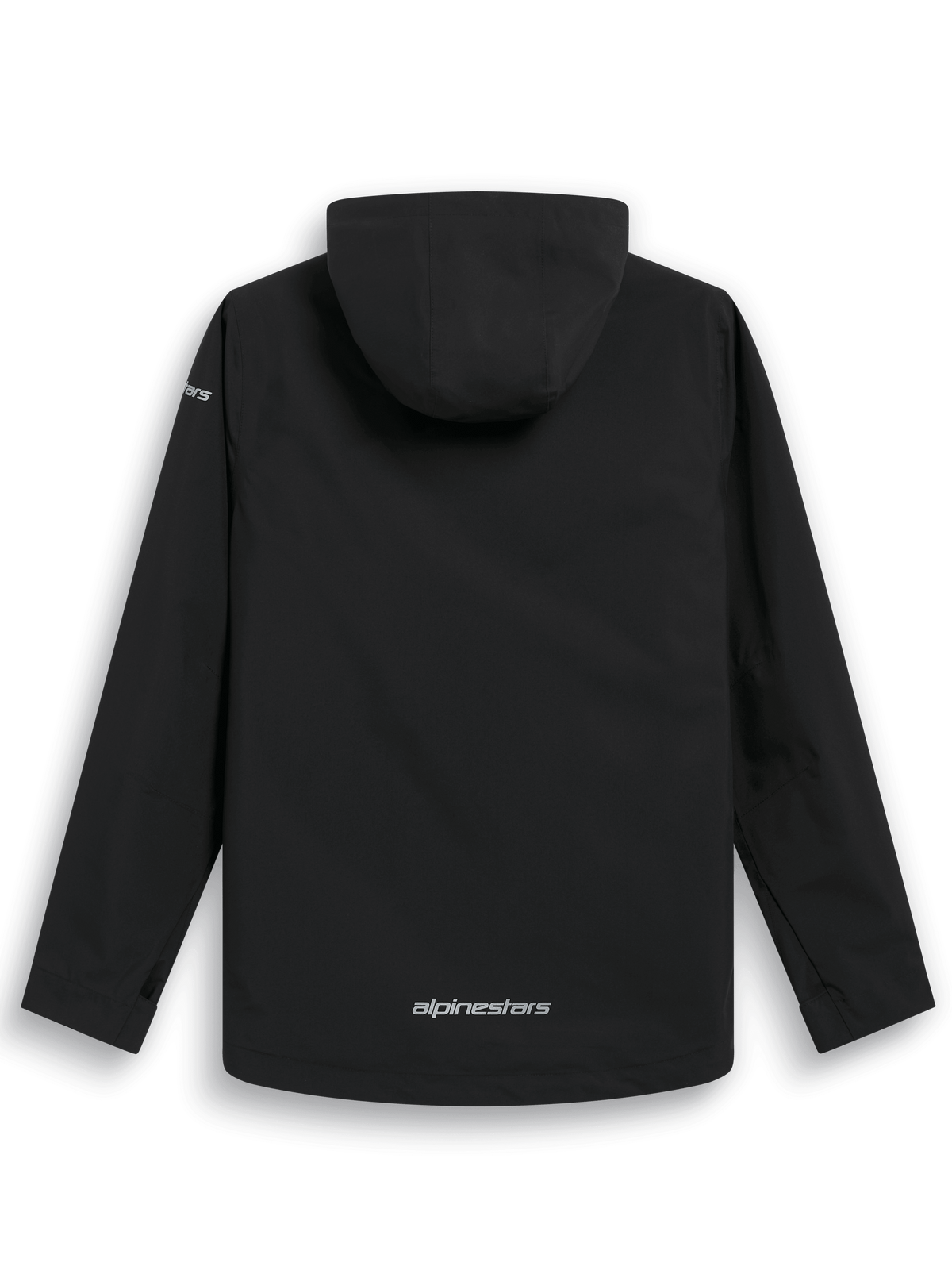 Chaqueta impermeable Alpinestars Kascade, vista trasera, tejido impermeable negro, capucha fija, logotipo plateado de Alpinestars en la parte inferior de la espalda, manga larga, diseño de alto rendimiento inspirado en el automovilismo