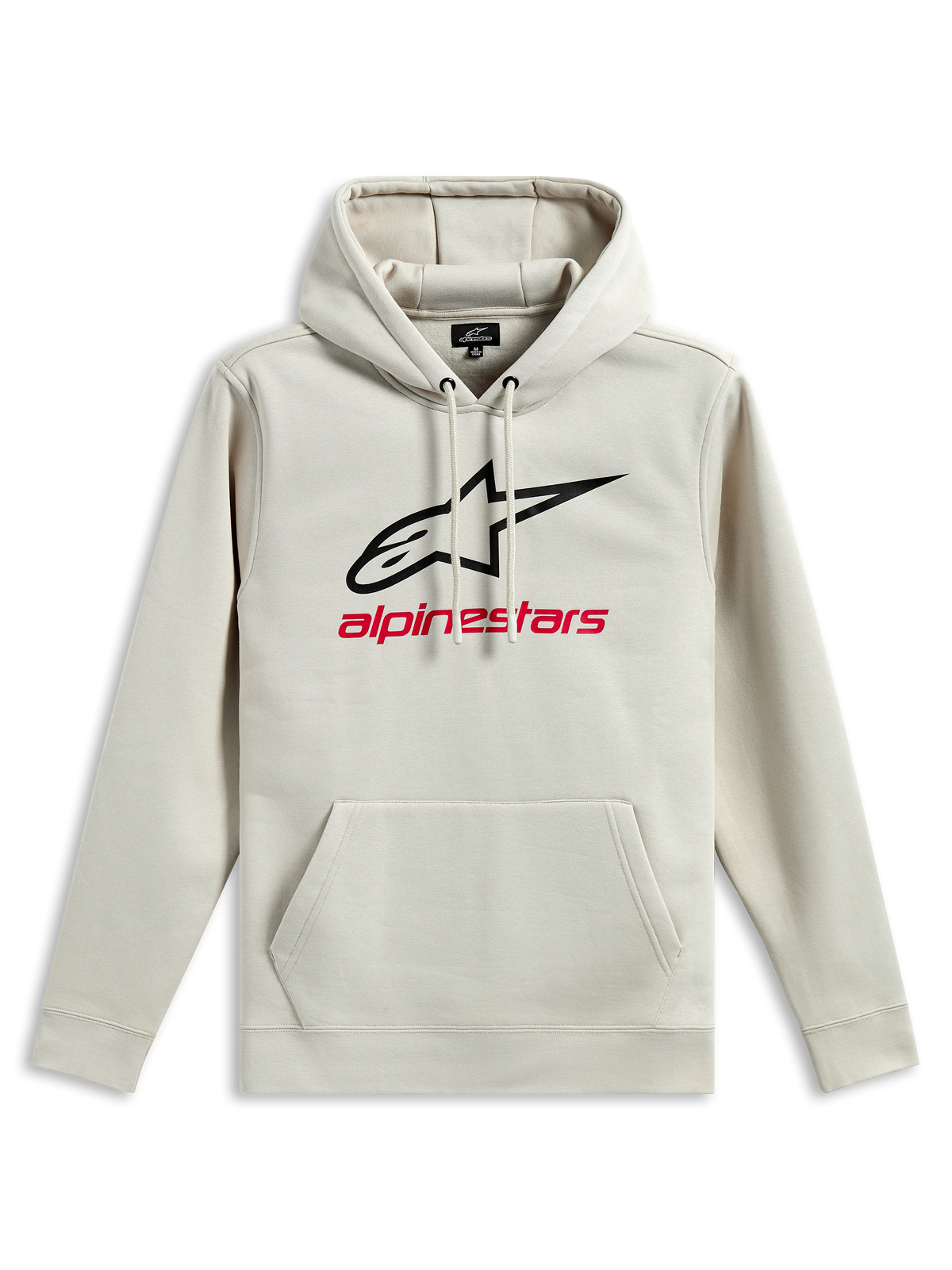 Alpinestars Always V3 Hoodie, sudadera con capucha, color blanco roto, logo de estrella negro y texto Alpinestars en rojo en el pecho, bolsillo tipo canguro, capucha con cordones, ropa deportiva casual inspirada en el automovilismo