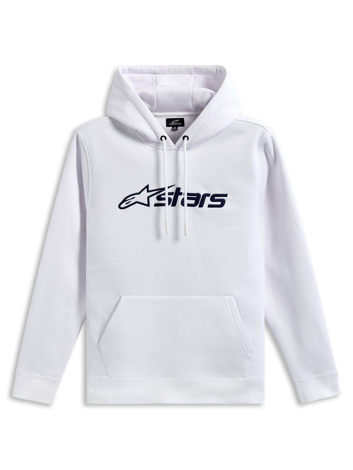 Alpinestars Blaze V3 Hoodie, sudadera de forro polar sin cremallera, blanca con logotipo frontal impreso en azul marino, capucha con cordón y forro de jersey, y bolsillo tipo canguro, estilo streetwear casual inspirado en el automovilismo