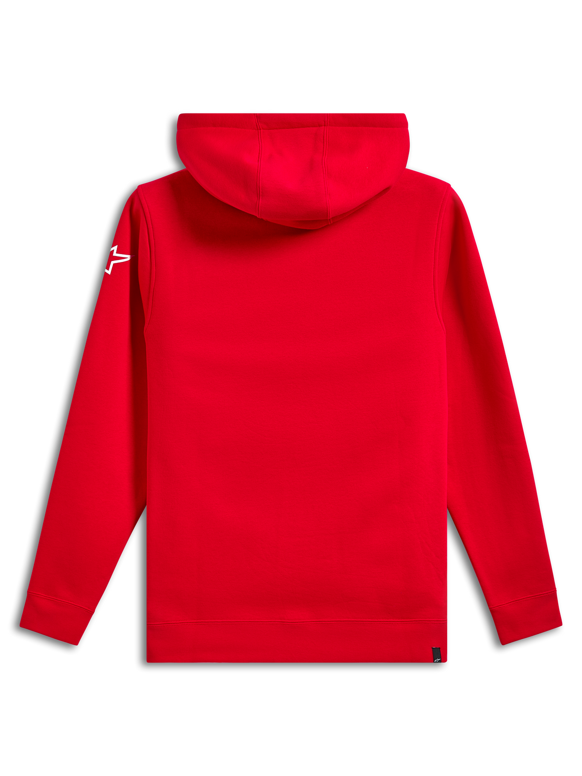 Sudadera Alpinestars Linear Wordmark V3, vista trasera, rojo sólido, logotipo de estrella Ageless blanco en la manga, sudadera de forro polar con capucha con puños y dobladillo de canalé, estilo urbano casual de motorsport