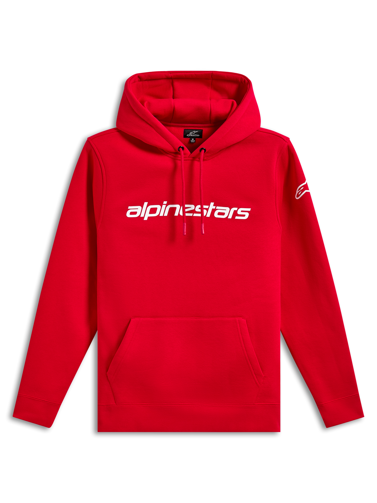Sudadera Alpinestars Linear Wordmark V3, ropa urbana informal, roja con marca denominativa Alpinestars en blanco en el pecho, logotipo Ageless blanco en la manga, capucha con cordón, bolsillo tipo canguro, puños y dobladillo de canalé
