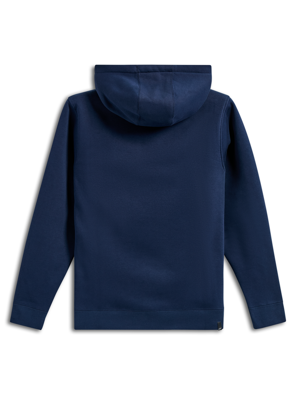 Alpinestars Ride V3 Hoodie, back view of a navy blue hooded pullover fleece, solid color design with ribbed cuffs and hem, jersey-lined hood, casual motorsport-inspired sportswear
