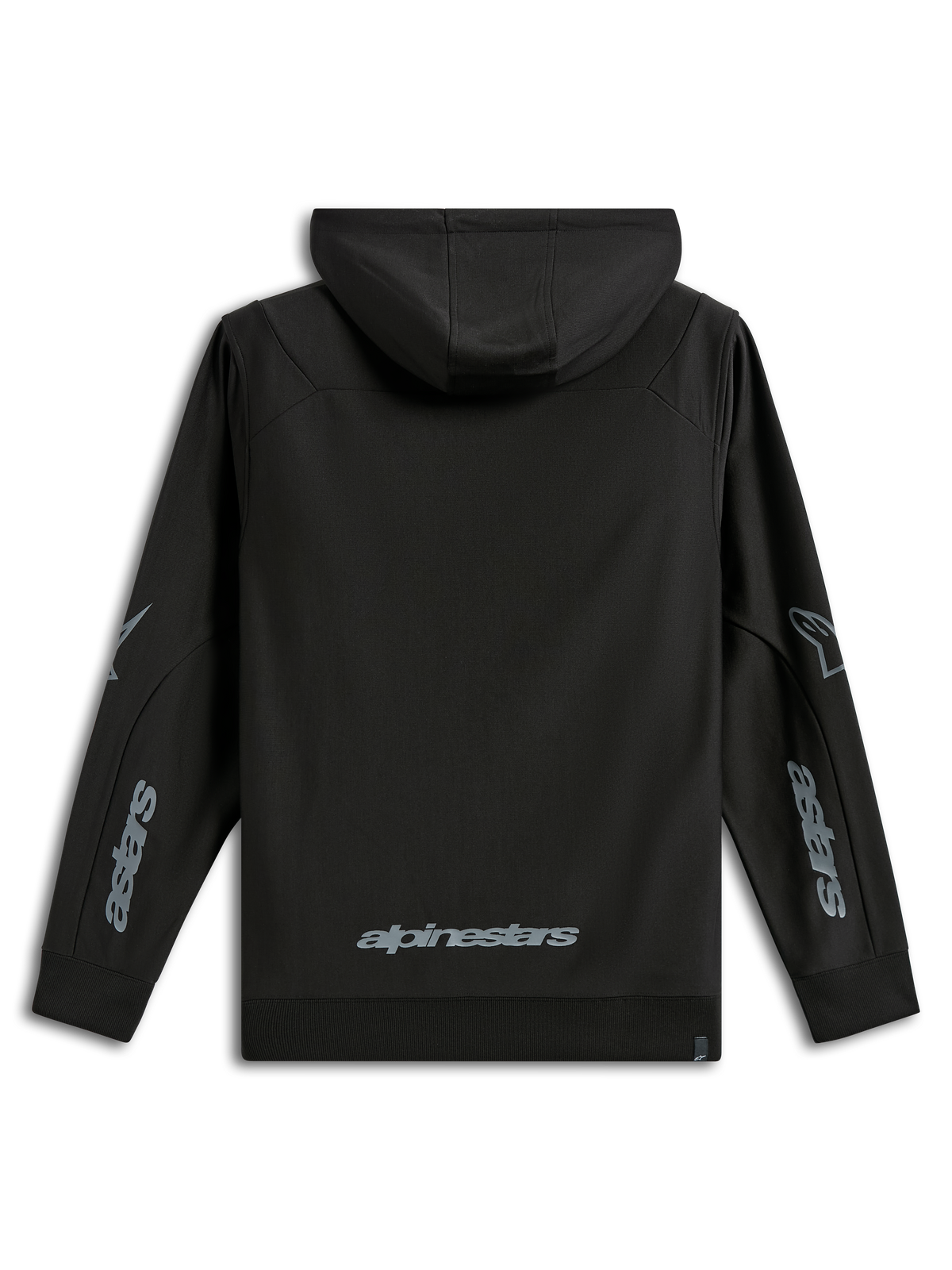 Alpinestars Sessions V3 Hoodie, ropa deportiva casual, negra con logotipos en gris, vista posterior que muestra la marca Alpinestars en la parte inferior de la espalda y gráficos Astars en las mangas, forro polar con capucha y puños de canalé, diseño moderno inspirado en el motorsport