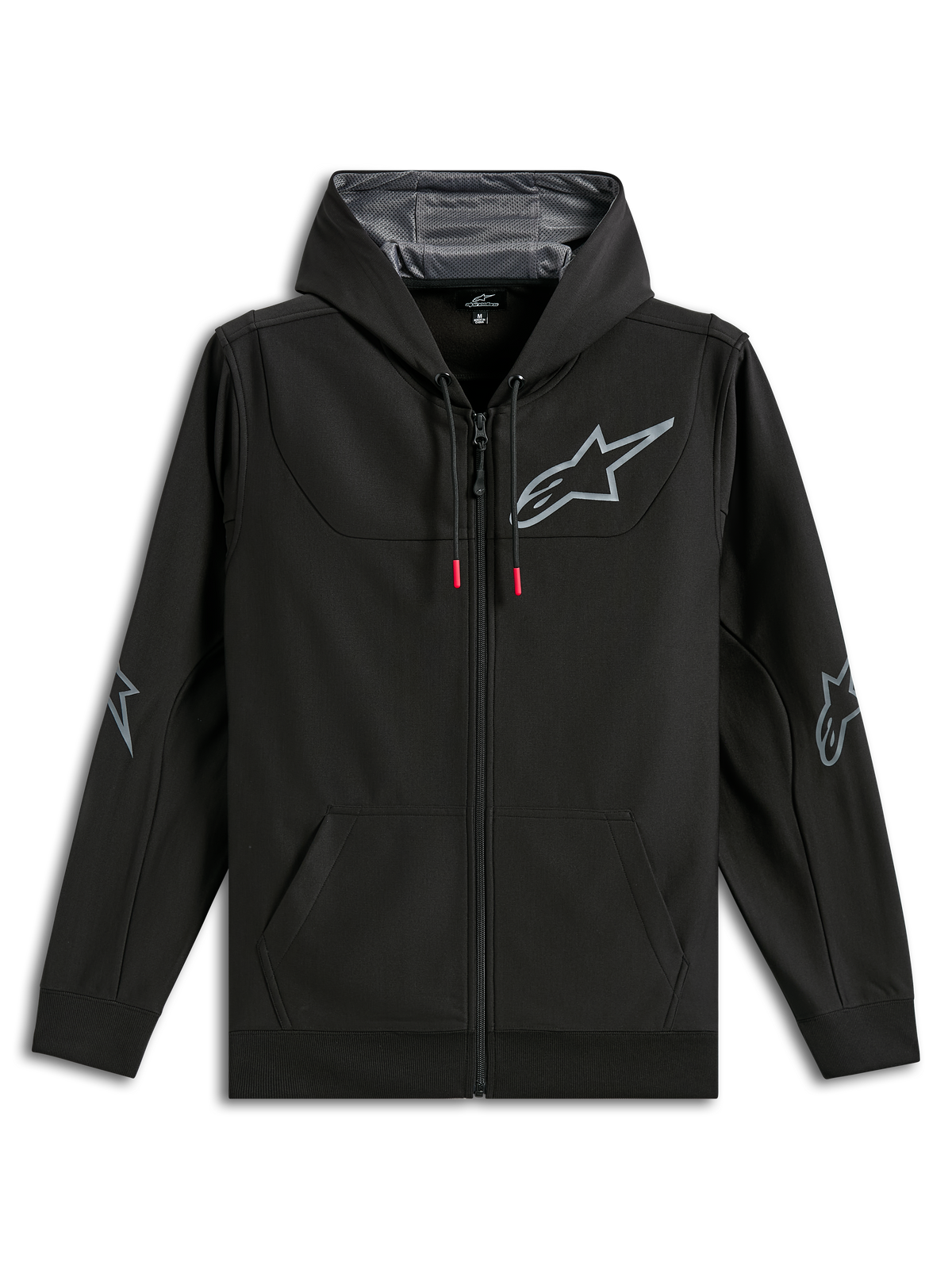 Sudadera Alpinestars Sessions V3, sudadera negra de forro polar con cremallera, logotipo gris de la estrella Alpinestars en el pecho y los codos, cordones con puntas rojas, capucha forrada de malla, ropa urbana casual de estilo motorsport