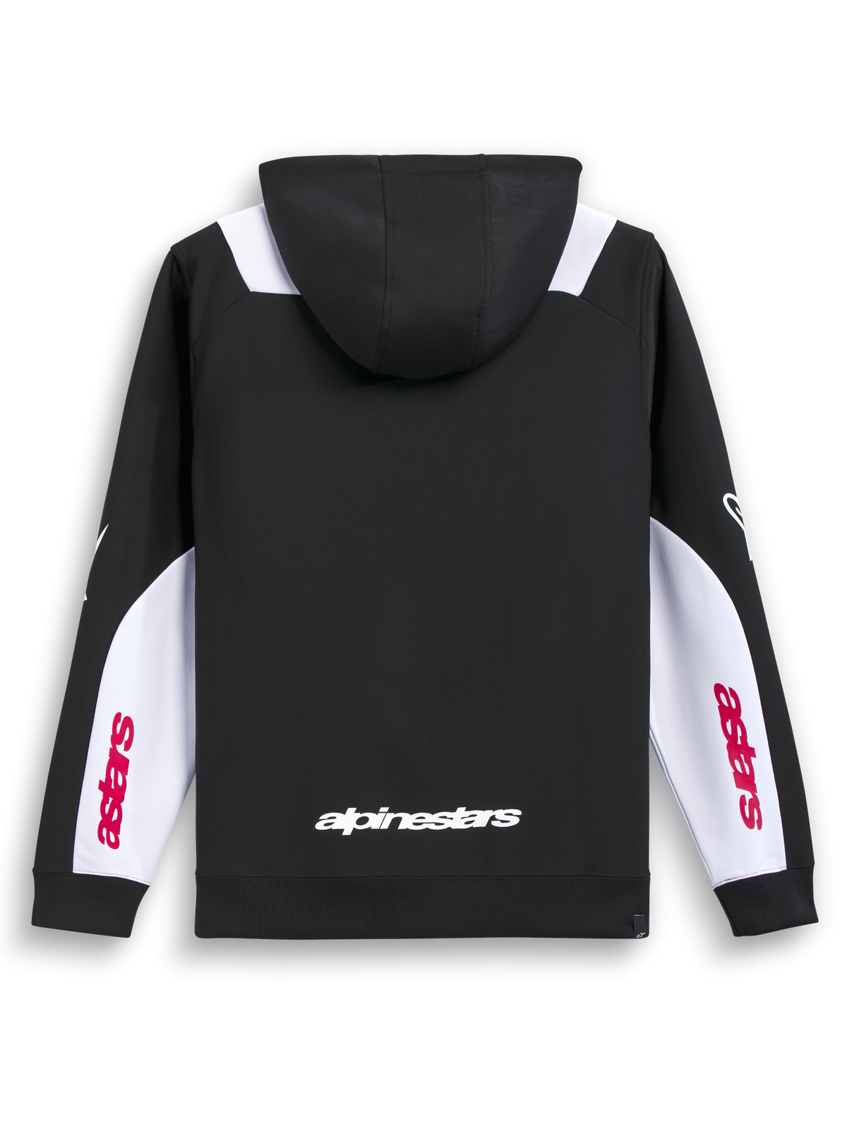 Alpinestars Sessions V3 Sudadera con capucha, sudadera deportiva con cremallera en negro, blanco y rojo, vista trasera que muestra el estampado del logotipo en la espalda y paneles blancos en las mangas