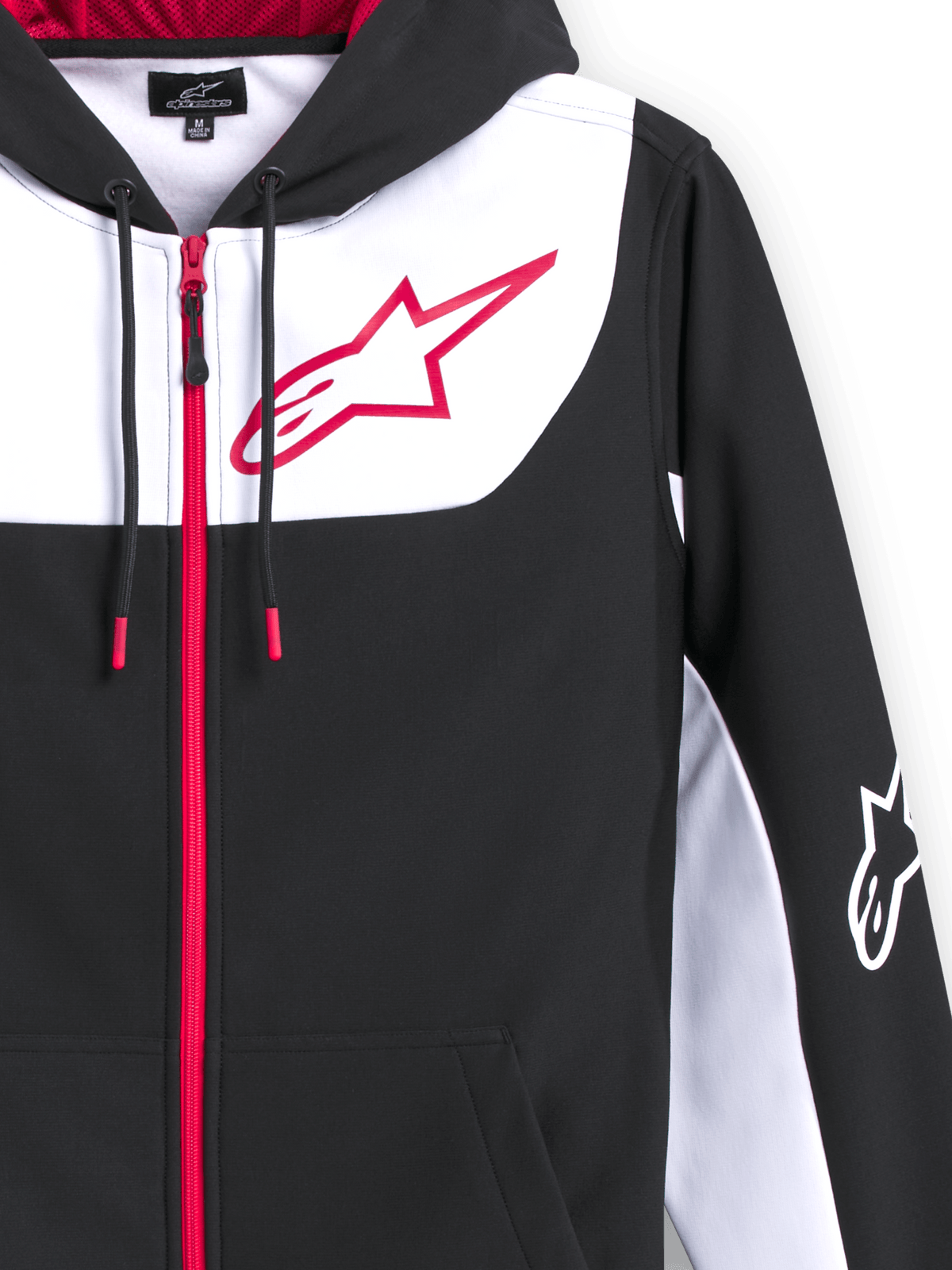 Sudadera con capucha Alpinestars Sessions V3, sudadera de forro polar de poliéster con cremallera frontal, negra con detalles en blanco y rojo, con un gran logotipo de estrella Alpinestars en rojo en el pecho, cremallera roja, cordones con puntas rojas y logotipo blanco en la manga, diseño casual inspirado en el automovilismo