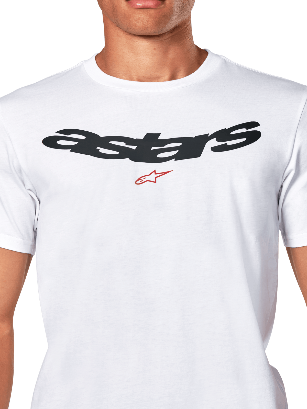 Camiseta Alpinestars Elliptic CSF, camiseta de manga corta, blanca, logo Arched Astars arqueado en negro con símbolo rojo en el pecho, ropa deportiva casual de motorsport