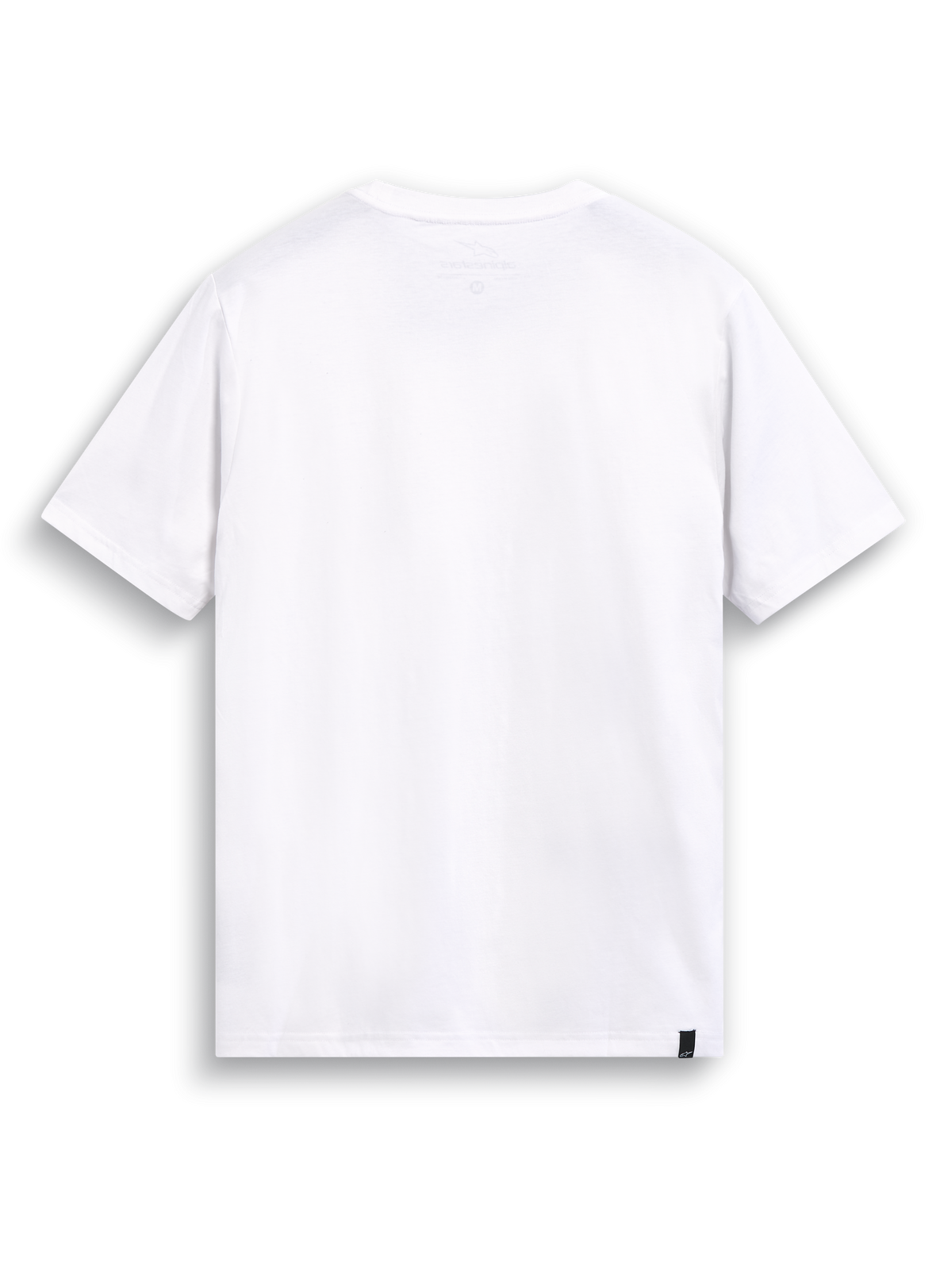 Alpinestars T-Shirt Elliptic CSF, camiseta de mangas corta blanca, vista trasera que muestra el estampado interior del cuello y la etiqueta exterior en el dobladillo, ropa deportiva