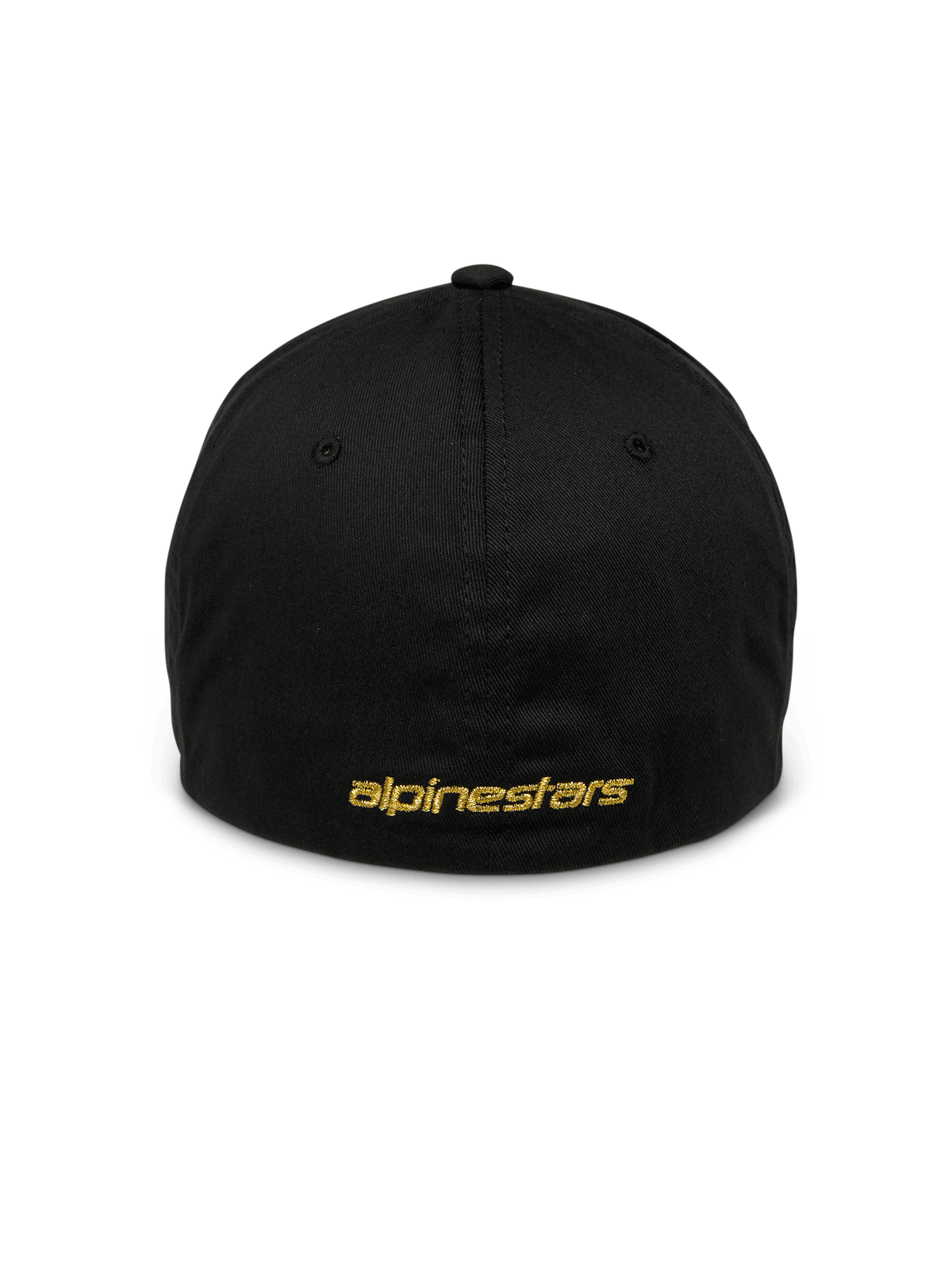 Gorra Alpinestars Gild, gorra deportiva negra, vista trasera con bordado plano metálico dorado de Alpinestars, diseño flex back cerrado, corona estructurada, accesorio casual inspirado en el automovilismo