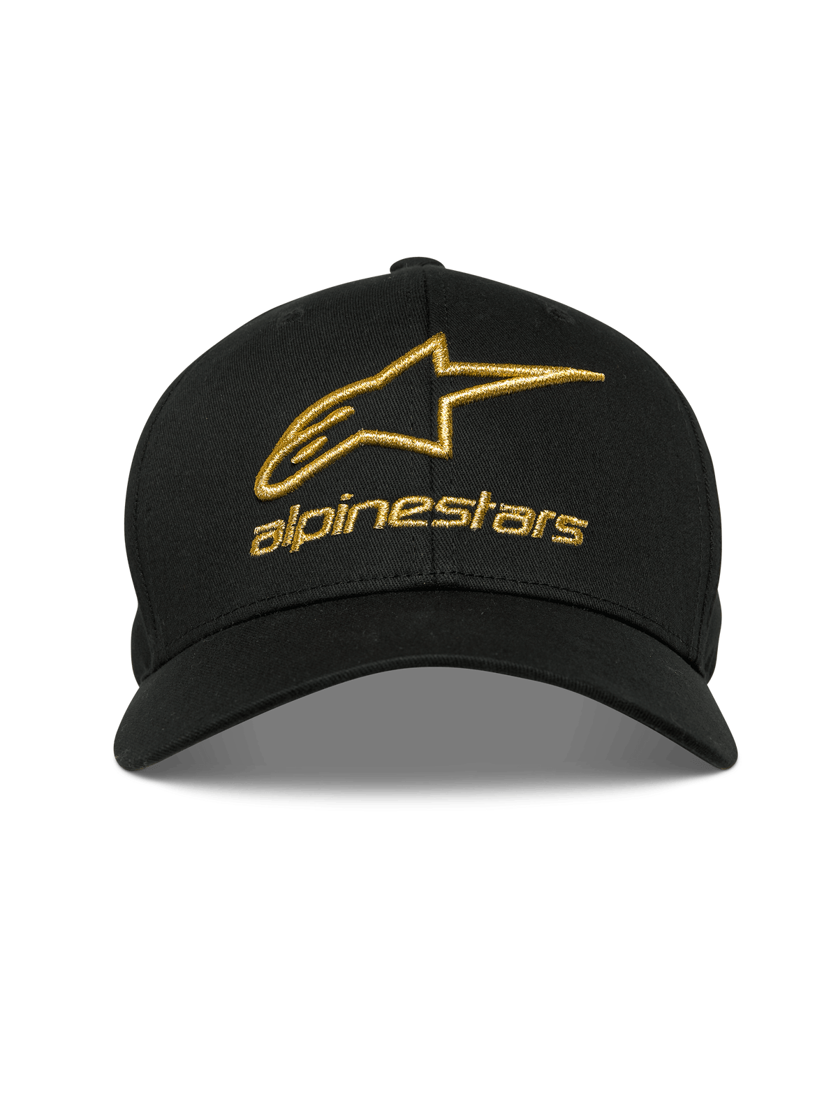 Alpinestars Gild Hat, gorra casual en color negro, bordado 3D metálico dorado del logo Alpinestars, visera curva con corona estructurada, prenda deportiva de estilo motorsport