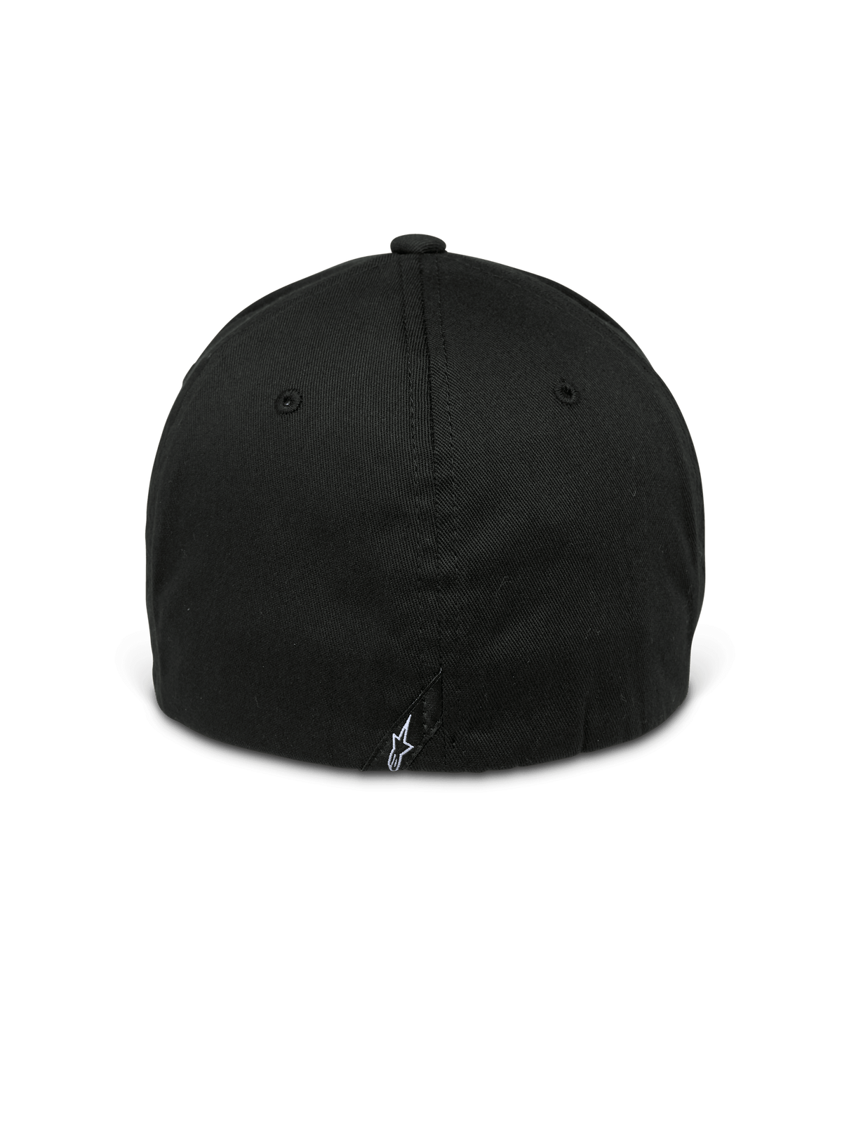Gorra Alpinestars Arcstars, negra, vista trasera de una gorra de béisbol flex-back, con un pequeño logotipo Astars blanco en la etiqueta trasera, corona estructurada con ojales tonales, accesorio casual inspirado en el automovilismo