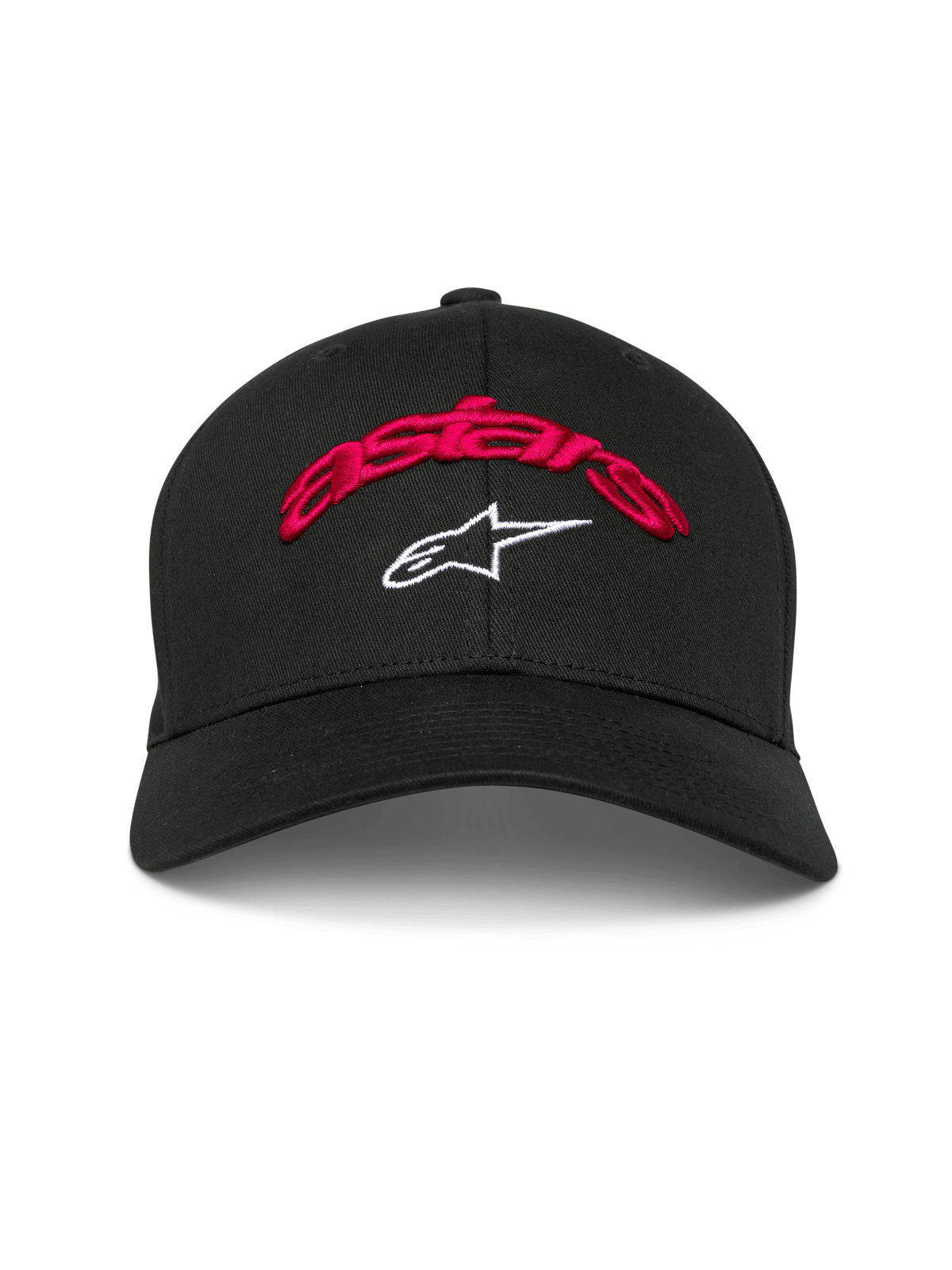 Gorra Alpinestars Arcstars, gorra de béisbol negra, bordado 3D 'astars' en rojo y logotipo de estrella en blanco, visera curva, corona estructurada, accesorio casual de motorsport