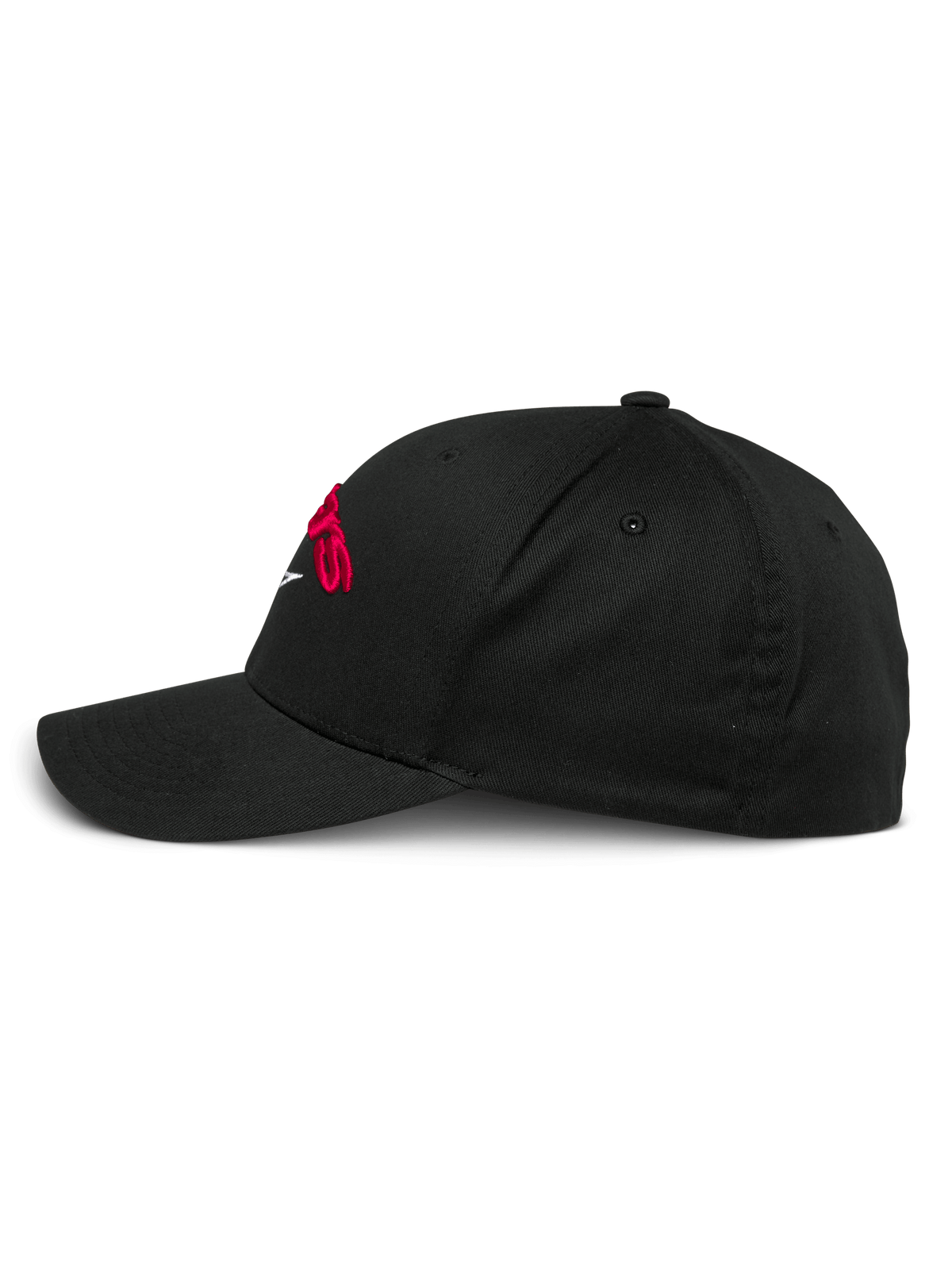 Gorra Alpinestars Arcstars, gorra de béisbol negra, perfil lateral, visera curva y corona estructurada, con logotipo bordado en 3D rojo, ropa deportiva casual