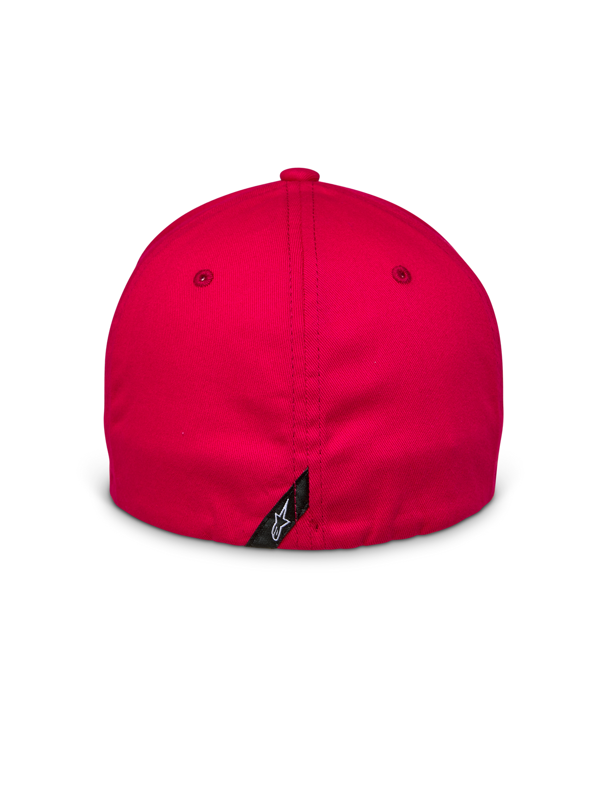 Gorra Alpinestars Arcstars, rojo, vista trasera que muestra el cierre flex-back, pequeña etiqueta negra con el logotipo Astars blanco en la costura central, tejido de sarga elástica estructurada, gorra casual de estilo motorsport