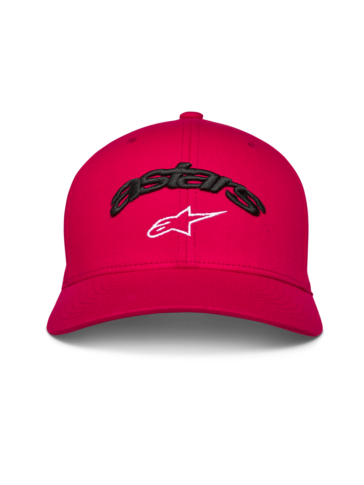 Gorra Alpinestars Arcstars, gorra de béisbol con visera curva, roja, texto Astars bordado en 3D en negro con logotipo de estrella blanca, corona estructurada, accesorio casual inspirado en el automovilismo