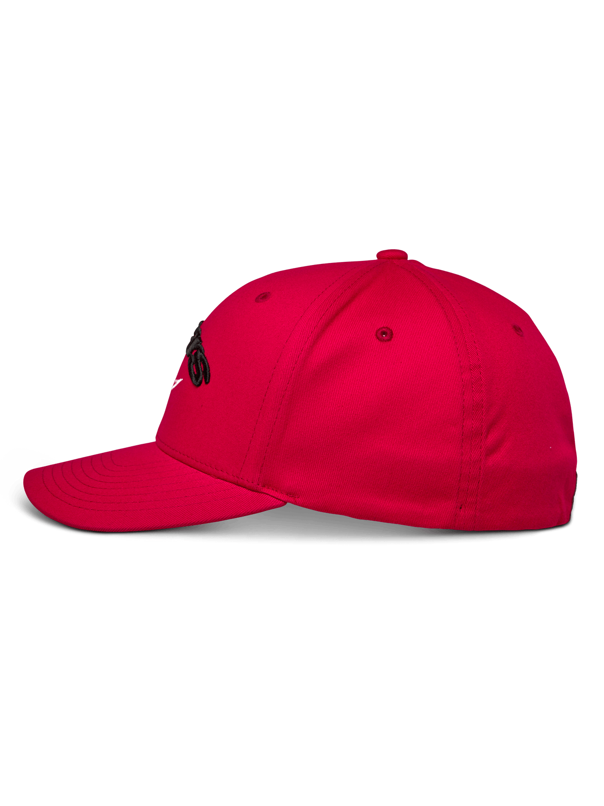 Gorra Alpinestars Arcstars, gorra de béisbol roja, vista de perfil, corona estructurada con visera curva, bordado 3D Astars en negro, ropa deportiva casual de motor
