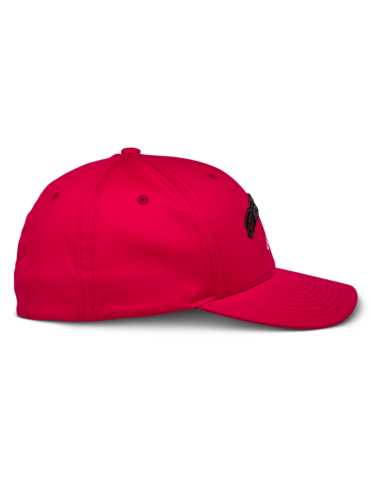 Gorra Alpinestars Arcstars, roja, vista lateral, gorra de béisbol estructurada con visera curva, tejido de sarga elástica, bordado 3D negro, ropa deportiva casual
