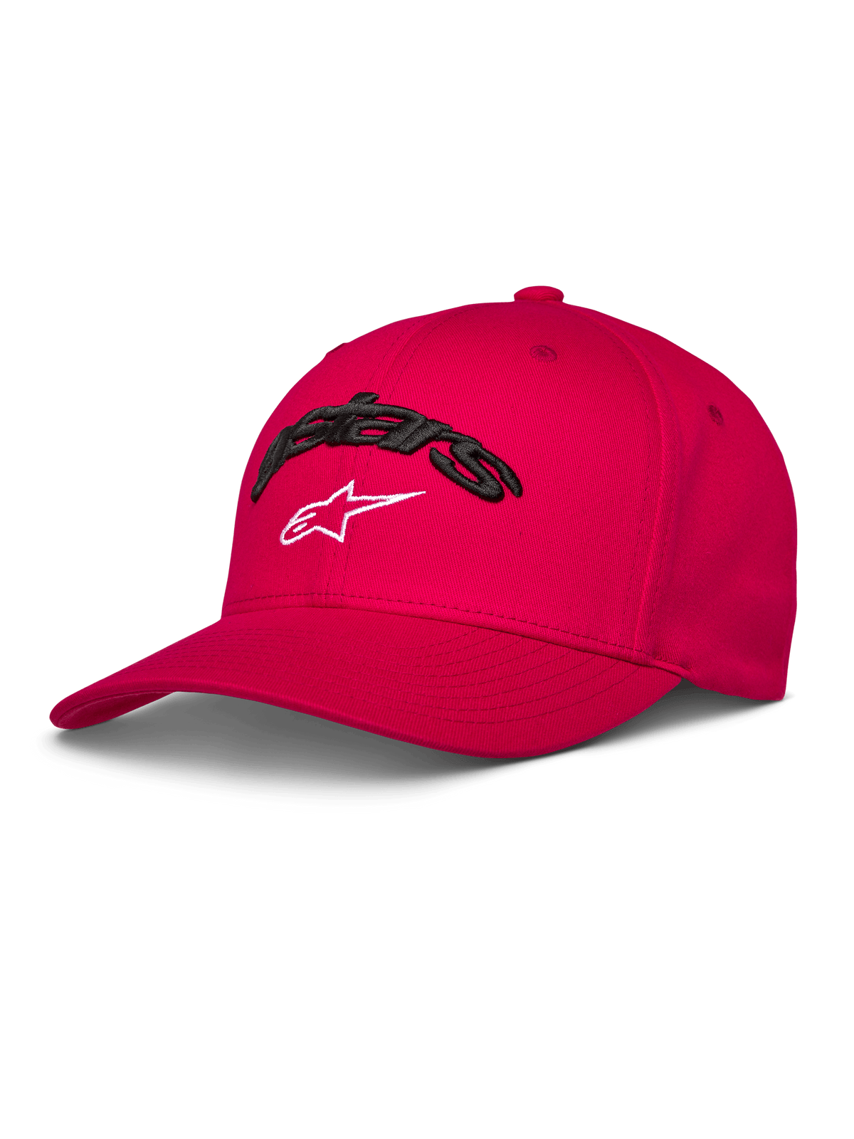 Alpinestars Arcstars Hat, gorra de béisbol roja, visera curva y corona estructurada, bordado 3D Astars negro con logo de estrella blanca, ropa deportiva casual de automovilismo