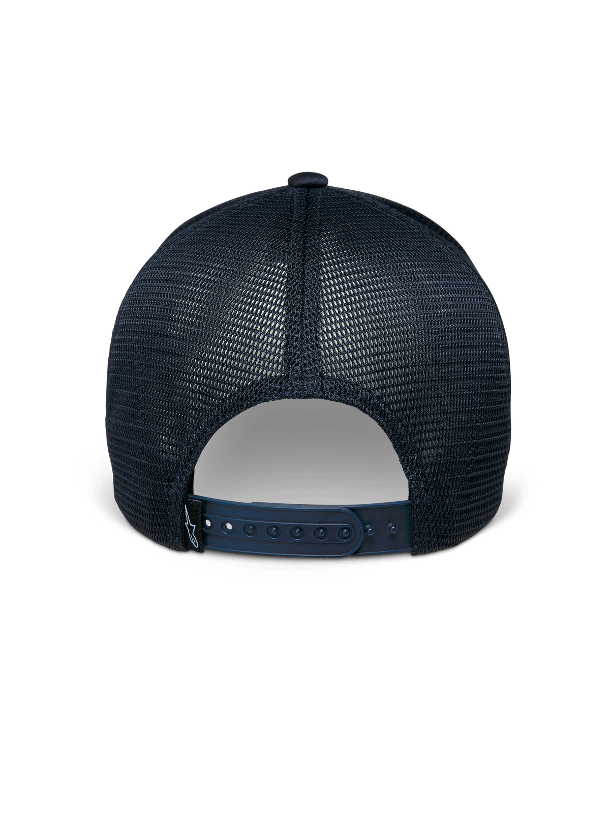 Gorra Alpinestars Delane, azul marino, vista trasera, con paneles de malla diamond transpirables, cierre snapback ajustable con pequeña etiqueta de logo, ropa deportiva casual de alto rendimiento
