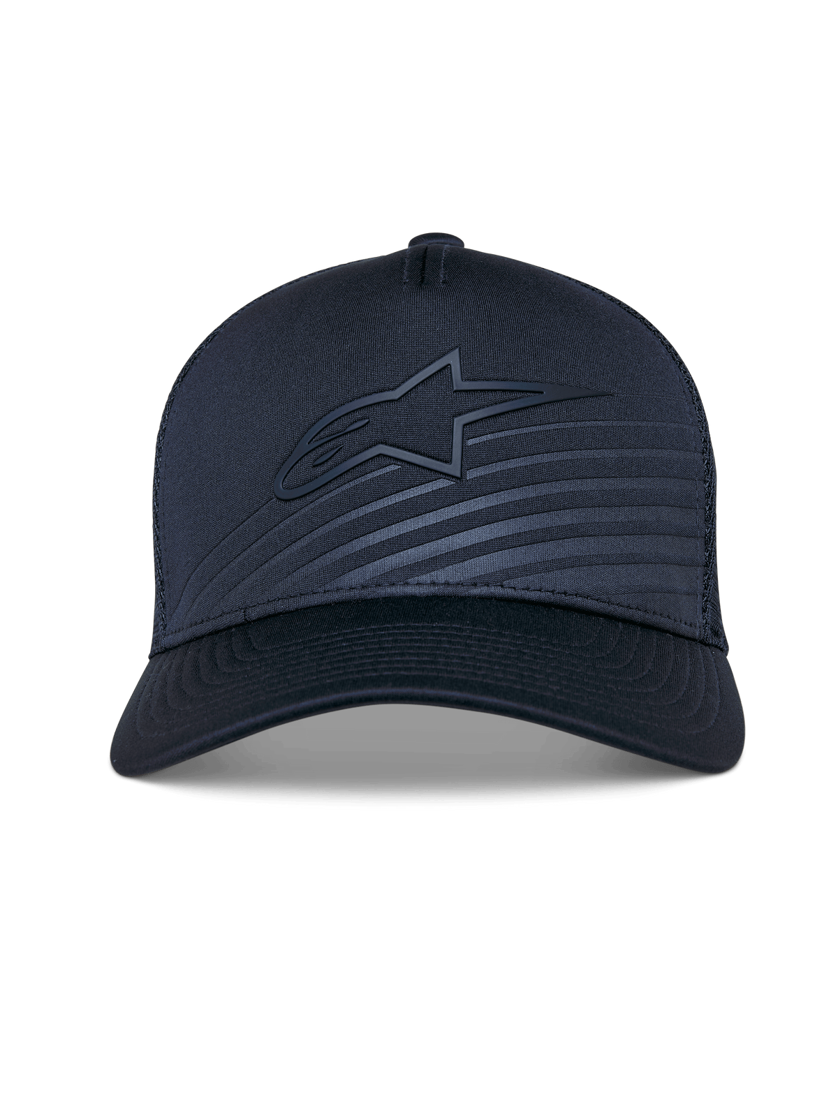 Gorra Alpinestars Delane, gorra de béisbol estructurada, azul marino, visera curva con logotipo tonal de Alpinestars y parche de transferencia reflectante, parte trasera de malla para ventilación, accesorio deportivo de alto rendimiento