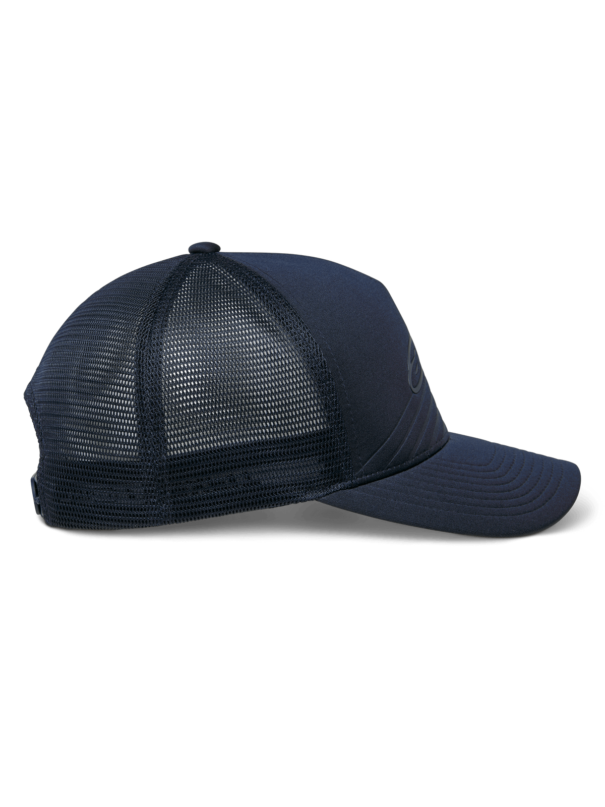 Gorra Alpinestars Delane, gorra deportiva, azul marino, vista de perfil lateral que muestra la parte trasera de malla Diamond y la parte frontal de punto jersey, visera curva, corona estructurada