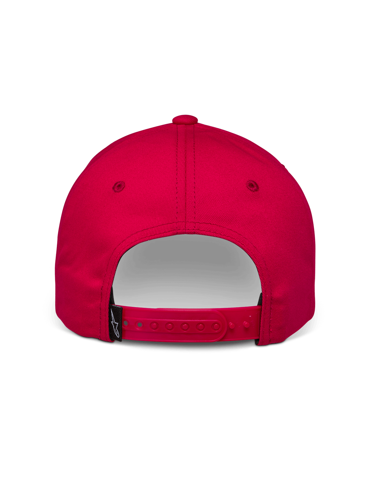 Gorra Alpinestars Profile, gorra snapback roja, vista trasera que muestra el cierre ajustable y una pequeña etiqueta negra con el logo de Alpinestars, sarga de algodón, accesorio casual de motorsport