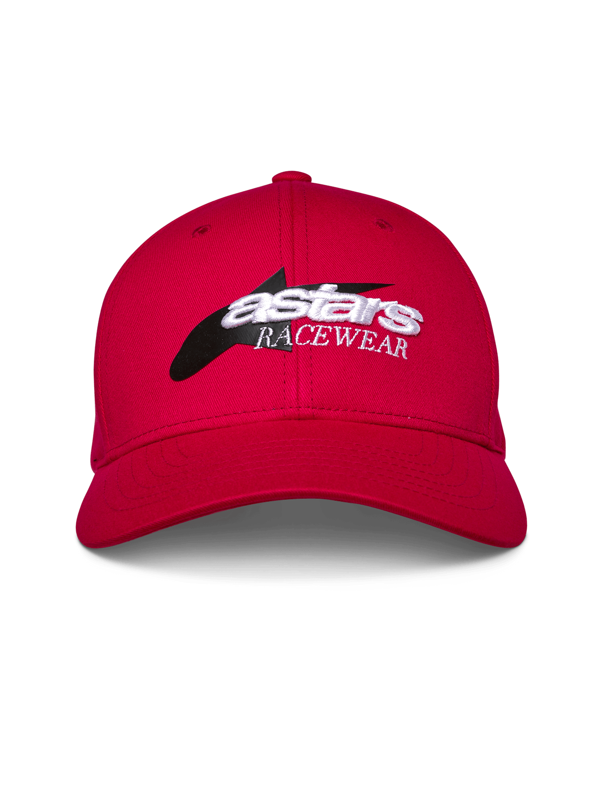 Gorra Alpinestars Profile, roja, snapback con visera curva estructurada, logotipo frontal con gráfico de estrella negra y bordado 3D blanco 'astars RACEWEAR', accesorio casual de estilo de vida para deportes de motor