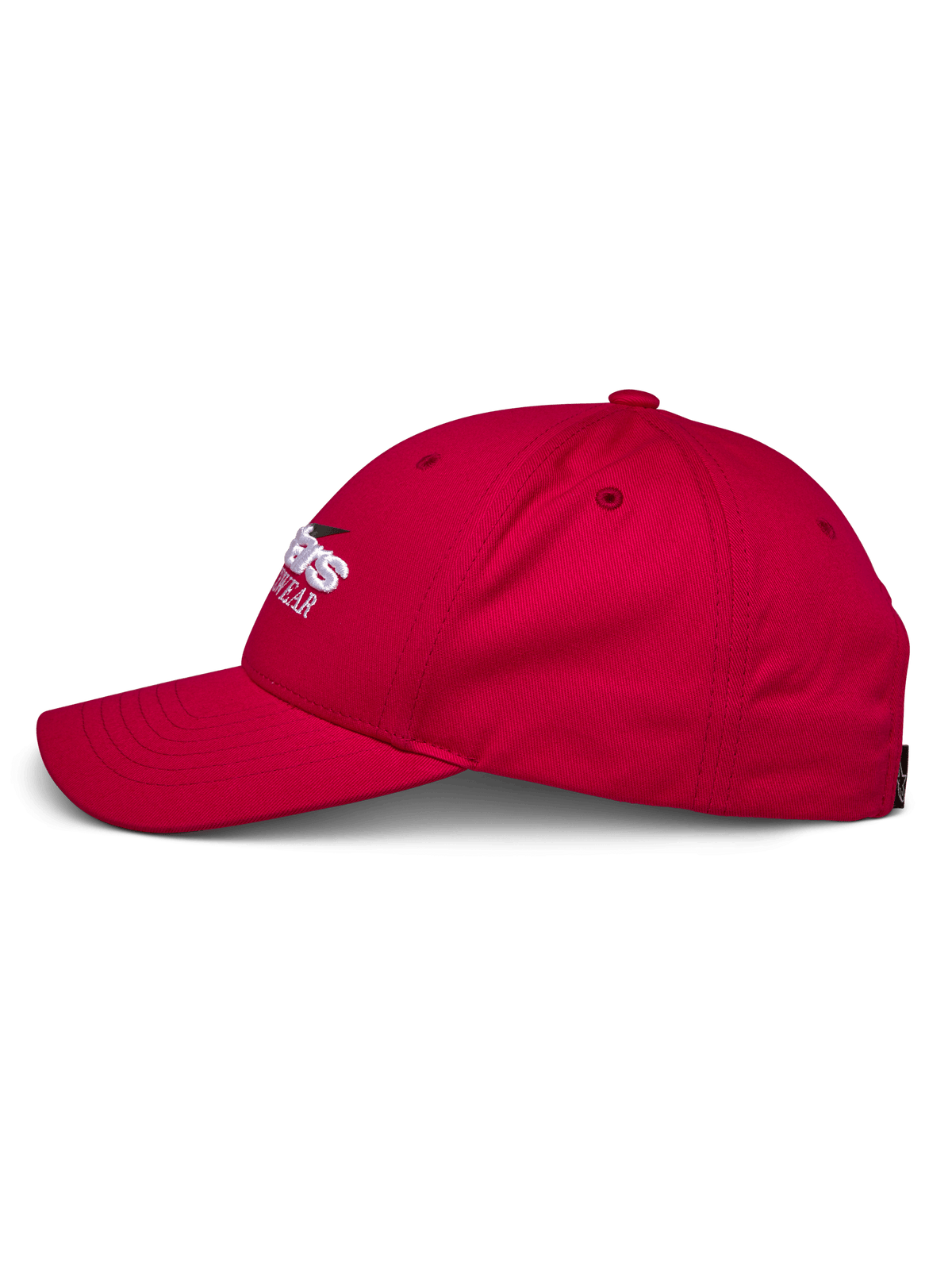 Gorra Alpinestars Profile, perfil lateral en color rojo, corona estructurada con visera curva, confeccionada en sarga de 100% algodón, logotipo bordado en blanco y negro, accesorio casual de automovilismo