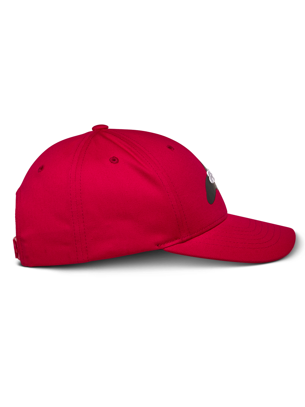 Gorra Alpinestars Profile, roja, vista de perfil lateral, gorra de béisbol con corona estructurada y visera curva, tejido de sarga de algodón, accesorio informal inspirado en el motorsport