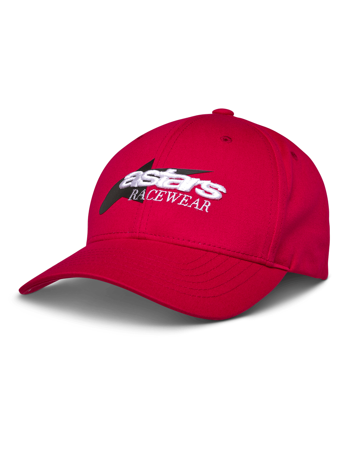 Alpinestars Profile Hat, gorra de béisbol roja, logotipo Astars RACEWEAR bordado en blanco y negro, visera curva y corona estructurada, estilo casual motorsport streetwear