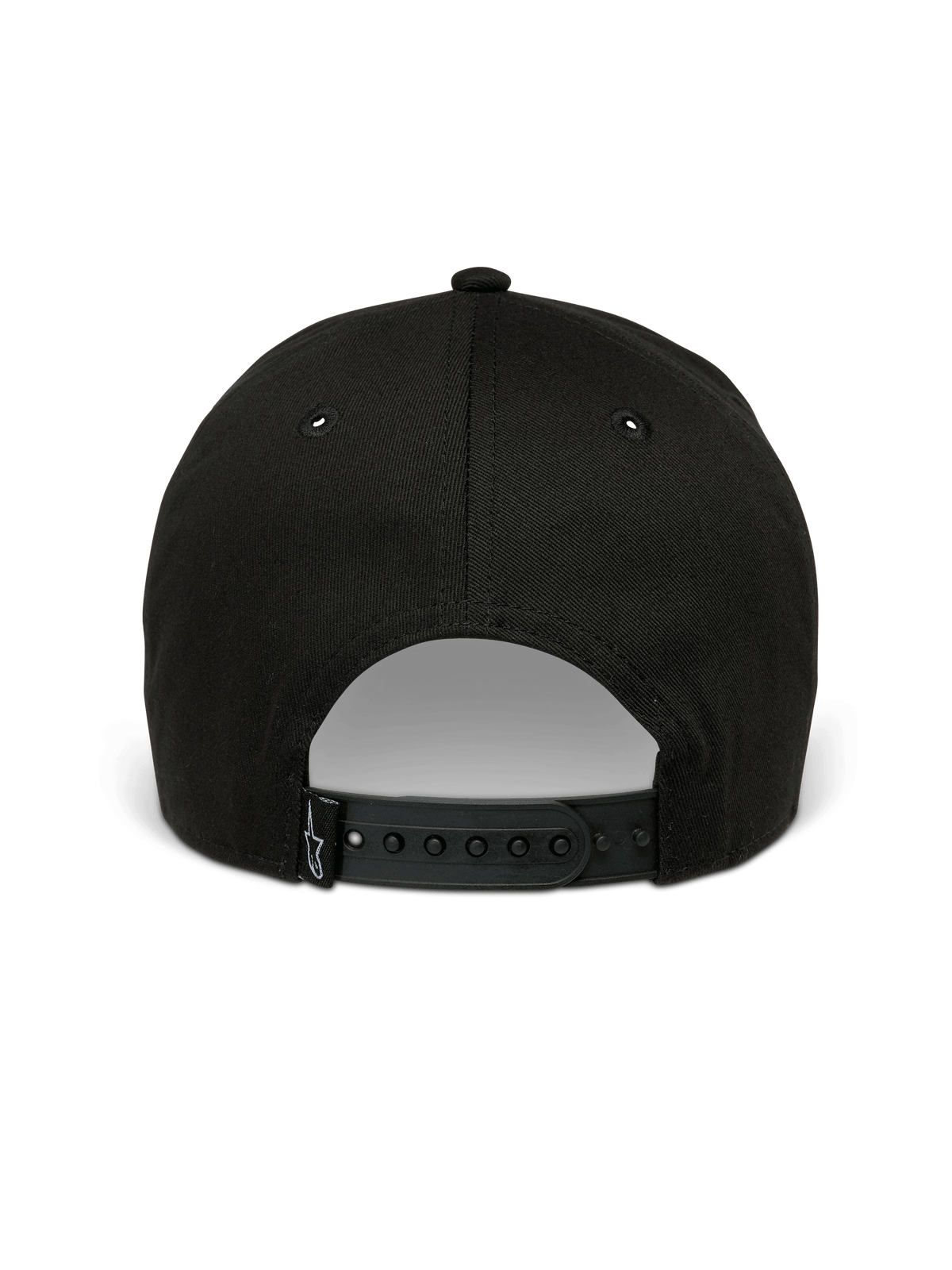 Alpinestars Metal Logo Hat, Snapback Hat, Black, Rear view showing adjustable snapback closure and small woven logo tag, casual motorsport-inspired streetwear.