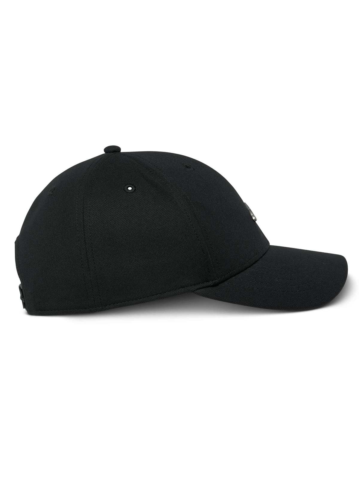 Alpinestars Metal Logo Hat, Black, side profile view of a curved bill snapback cap, structured crown with mini pique fabric and 3D molded metal logo badge, casual motorsport streetwear