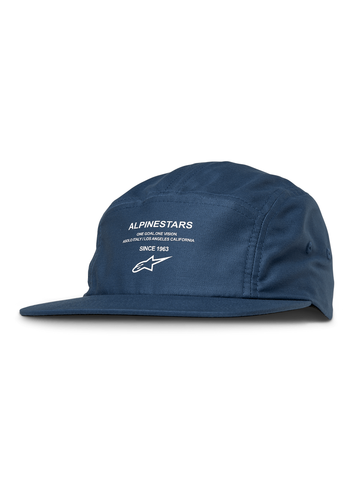 Alpinestars Peasy Hat, gorra jockey de 5 paneles, azul, estampado gráfico blanco con logotipo y texto, visera plana, corona sin estructura, ropa urbana casual de estilo automovilístico