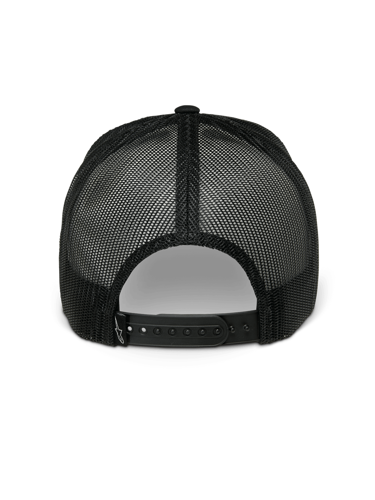 Alpinestars Gambit Trucker Hat, Snapback Hat, Black, back view showing breathable poly mesh panels and adjustable snapback closure, casual motorsport sportswear