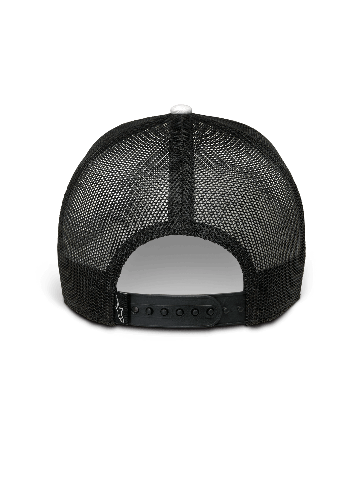 Alpinestars Hardware Trucker Hat, White and Black, Rear View, black poly mesh back with adjustable snapback closure, featuring a small white Alpinestars logo on the strap, casual motorsport streetwear
