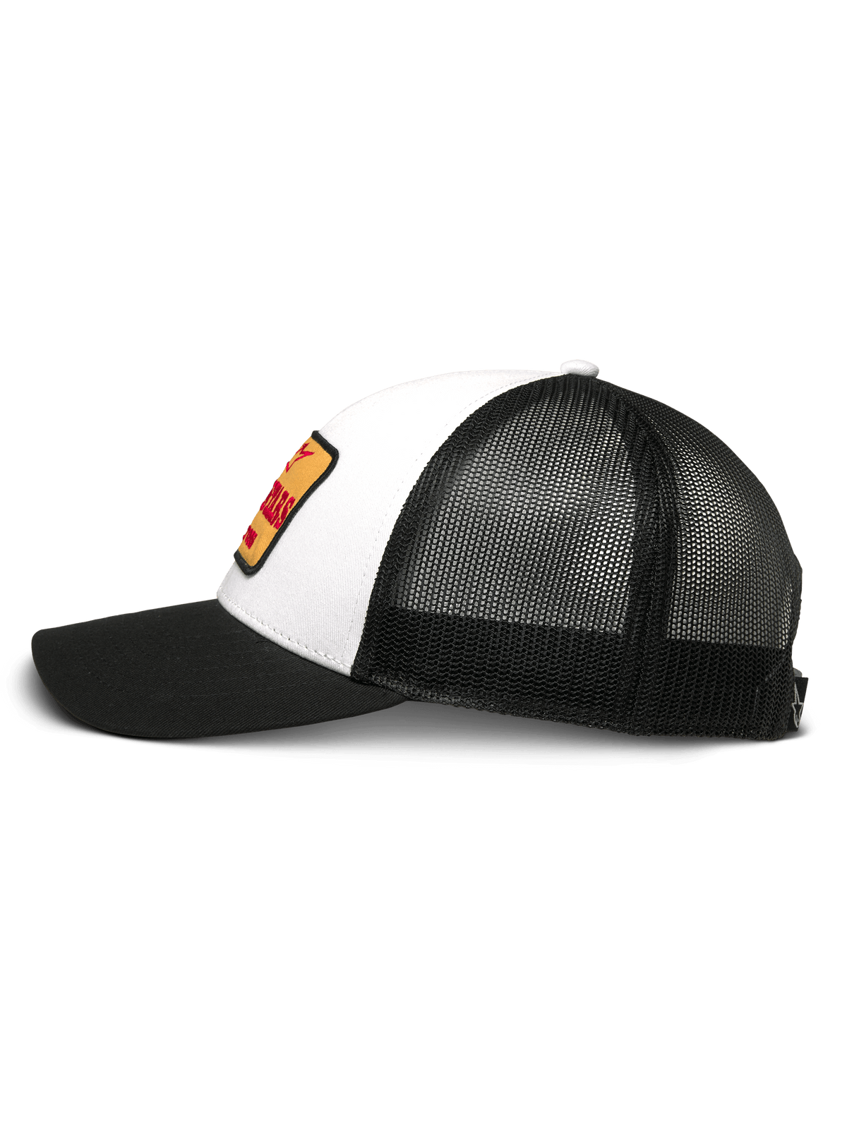 Alpinestars Hardware Trucker Hat, White and Black, side profile view, white twill front with yellow and red embroidery patch, black mesh back, black curved brim, casual motorsport headwear