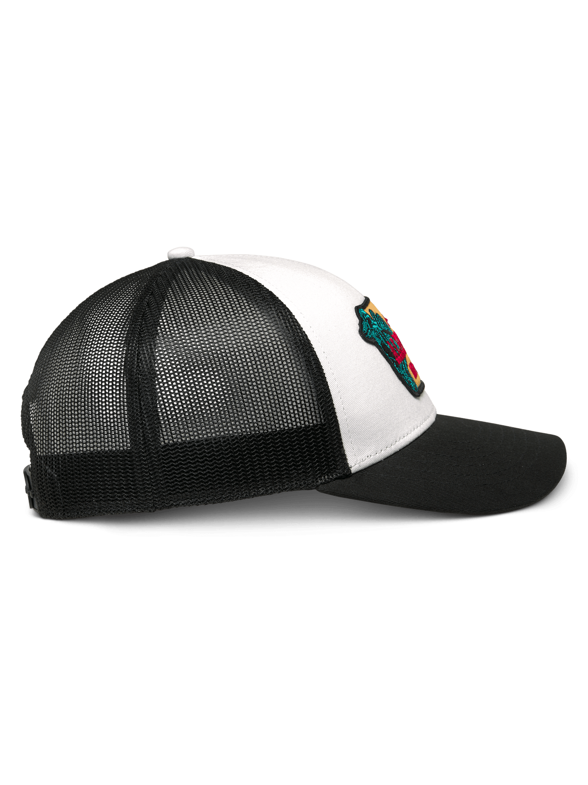 Alpinestars Hardware Trucker Hat, White and Black, side profile view, featuring a curved black bill, white twill front panel with a colorful embroidered patch, and breathable black mesh back, casual motorsport headwear