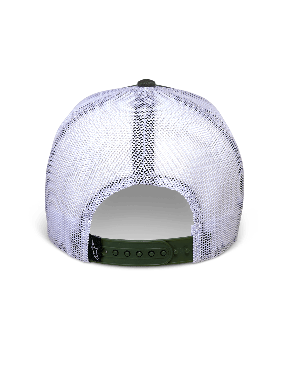 Alpinestars Hardware Trucker Hat in Military White, back view featuring white mesh panels and olive green snapback closure, small black A-star logo label, casual motorsport-inspired headwear