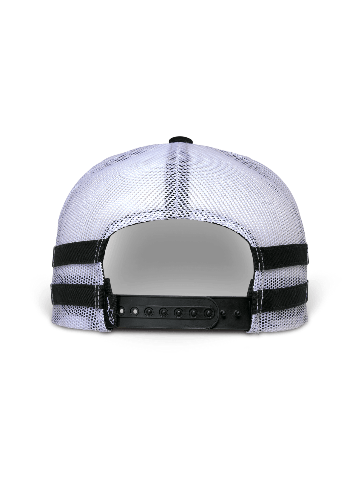 Gorra Trucker Backline de Alpinestars, vista trasera, parte posterior de malla blanca con cierre snapback negro, franjas aplicadas negras horizontales en los laterales, estilo streetwear casual de automovilismo